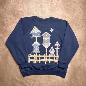 Vintage 90s Hanes Her Way Patchwork Birdhouse Crewneck Sweater Navy Women's L